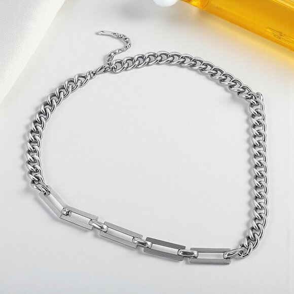 ๐๏ธMinimalist Cuban Chain Necklace 18K White Gold Plated Stainless Steel Modern - Picture 13 of 15